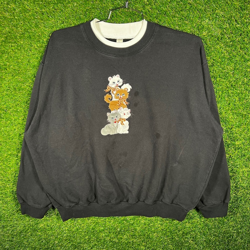 Morning Sun Stacked Kittens Double Collar Sweatshirt Black 2XL Vintage Style‎